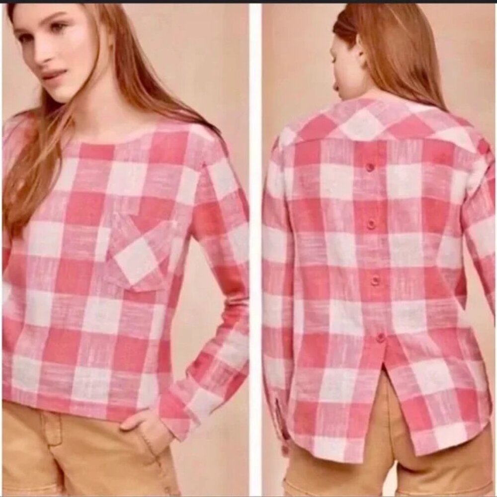 Anthropologie Cloth &‎ Stone Pink White Gingham Linen Blend Button Back Top